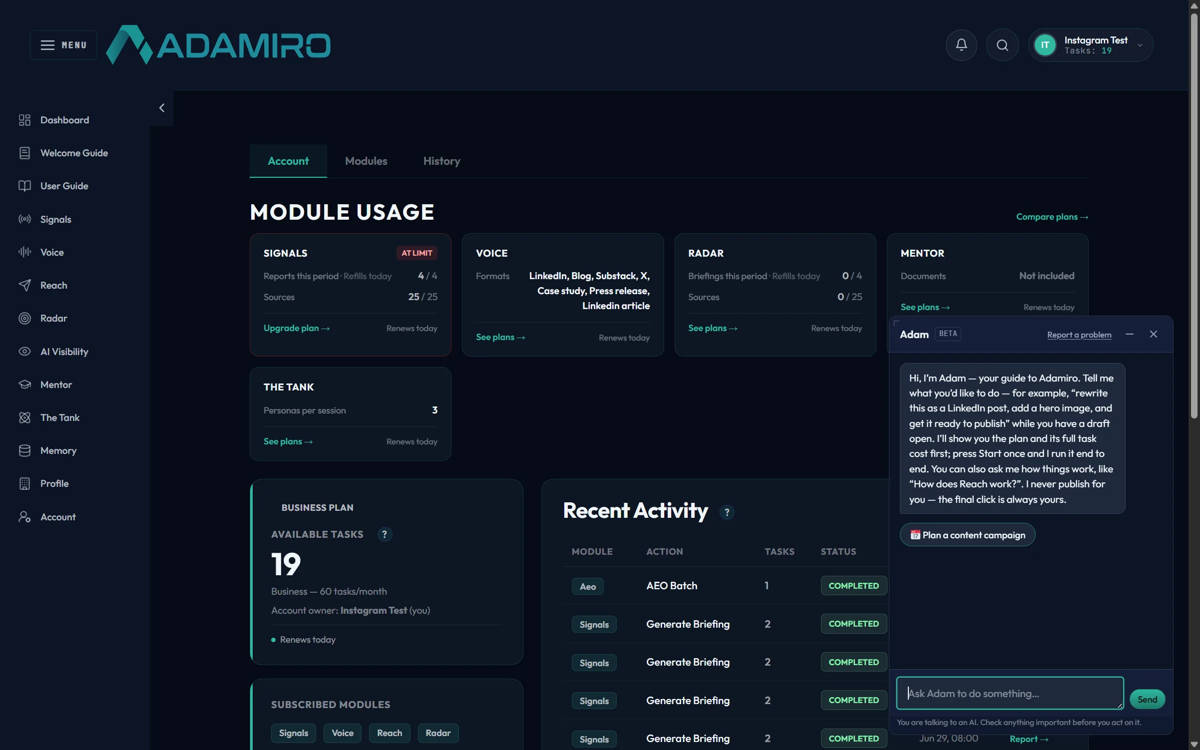 The Adam panel open on the Adamiro dashboard