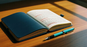 Mood: contemplative. A single, well-worn, leather-bound notebook lies open on a polished wooden desk, pages filled with handwritten notes and crossed-out phrases. A single, unlit fountain pen rests beside it. The desk is otherwise empty, suggesting focus and quiet reflection. Soft, natural light fro