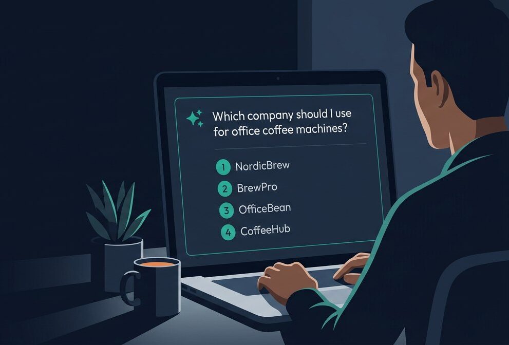 A person at a desk reads an assistant answer on a laptop: the question "Which company should I use for office coffee machines?" and a short list of four suppliers.