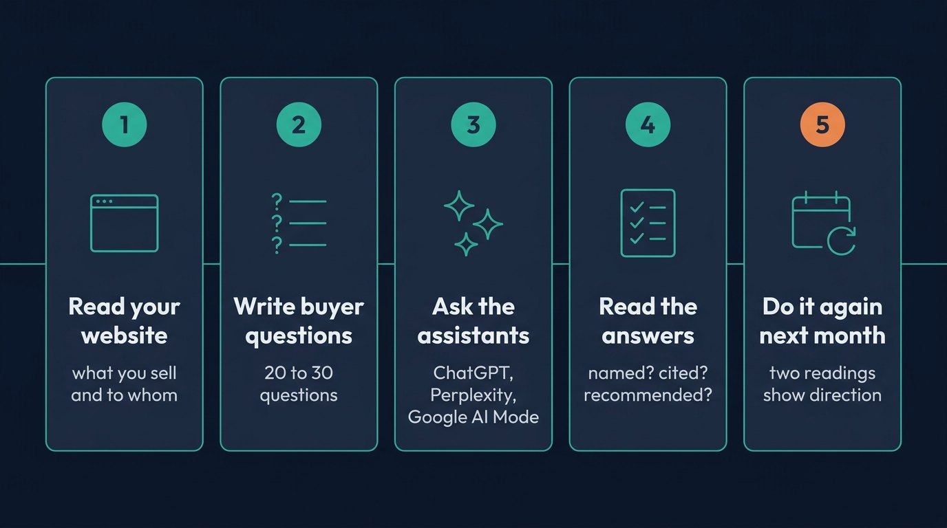 Five numbered steps in a row: Read your website, Write buyer questions, Ask the assistants, Read the answers, Do it again next month.