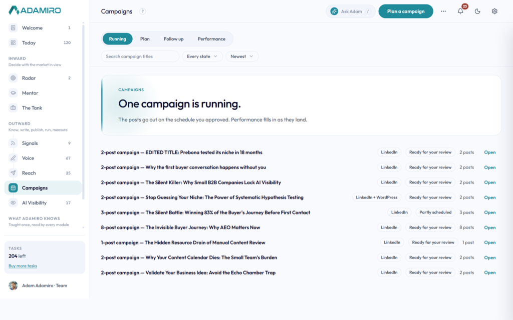 Campaigns Running view, listing every campaign with its platforms, review state and post count