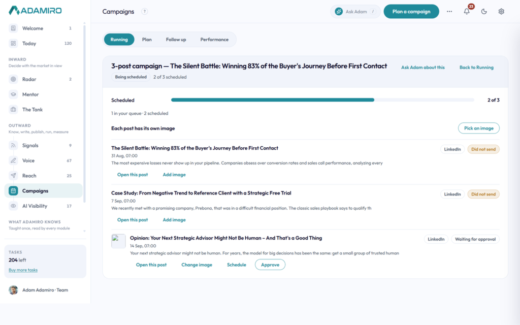 A single campaign's review page, one row per post with its scheduled date, preview text, image and Approve button