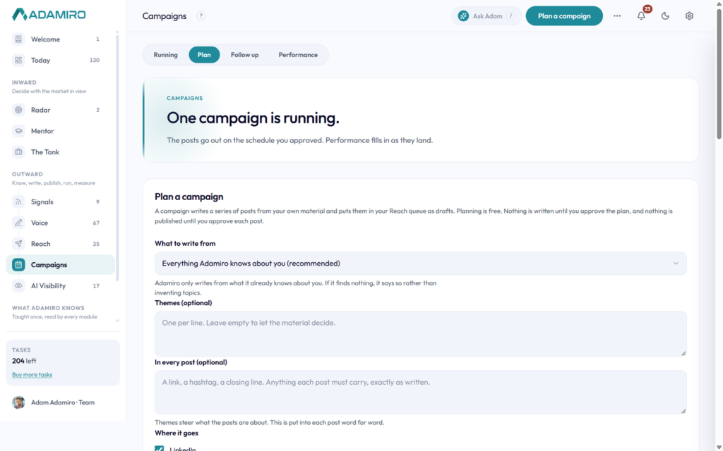 Campaigns Plan view, showing what to write from, themes, what every post carries, and where the posts go
