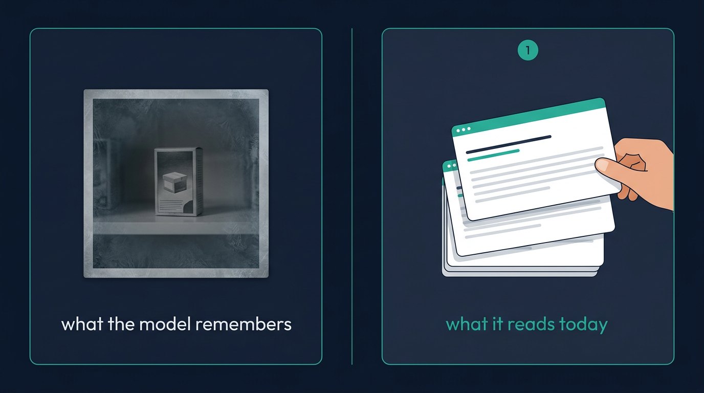 Left, a faded photograph of a product labelled what the model remembers. Right, bright pages being read now, labelled what it reads today.