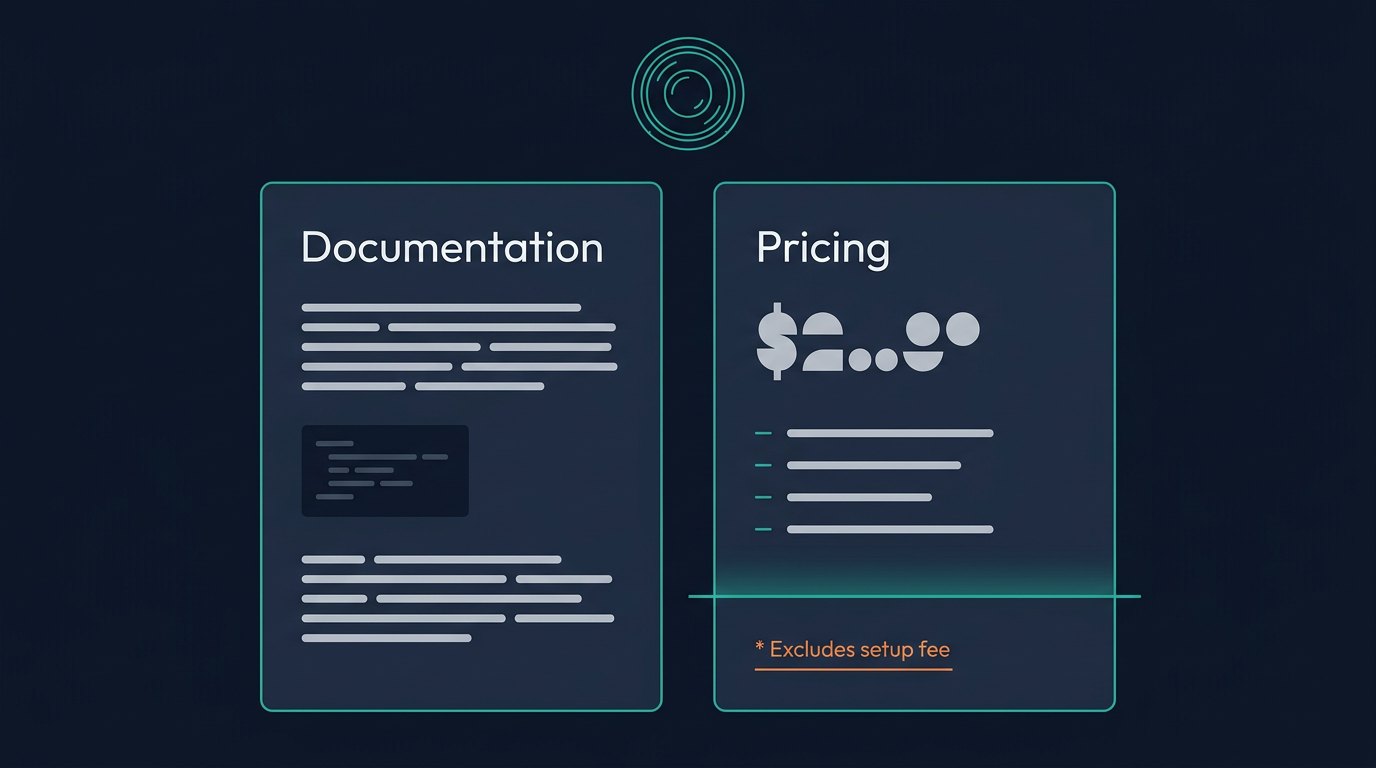 A documentation page and a pricing page under a scanning lens, with one small footnote on the pricing page lit up.