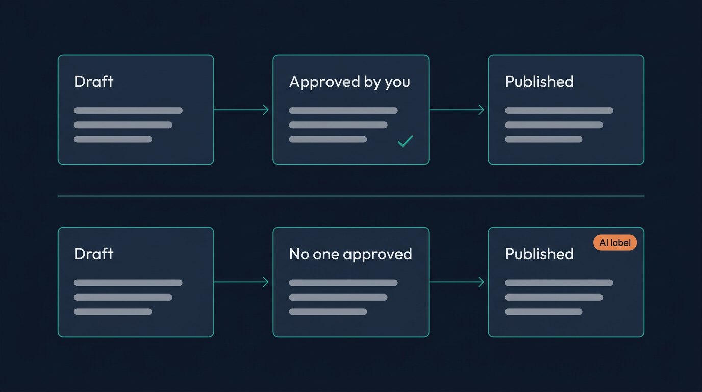 Two lanes. A draft a person approved is published with no label. A draft no one approved is published with an AI label.