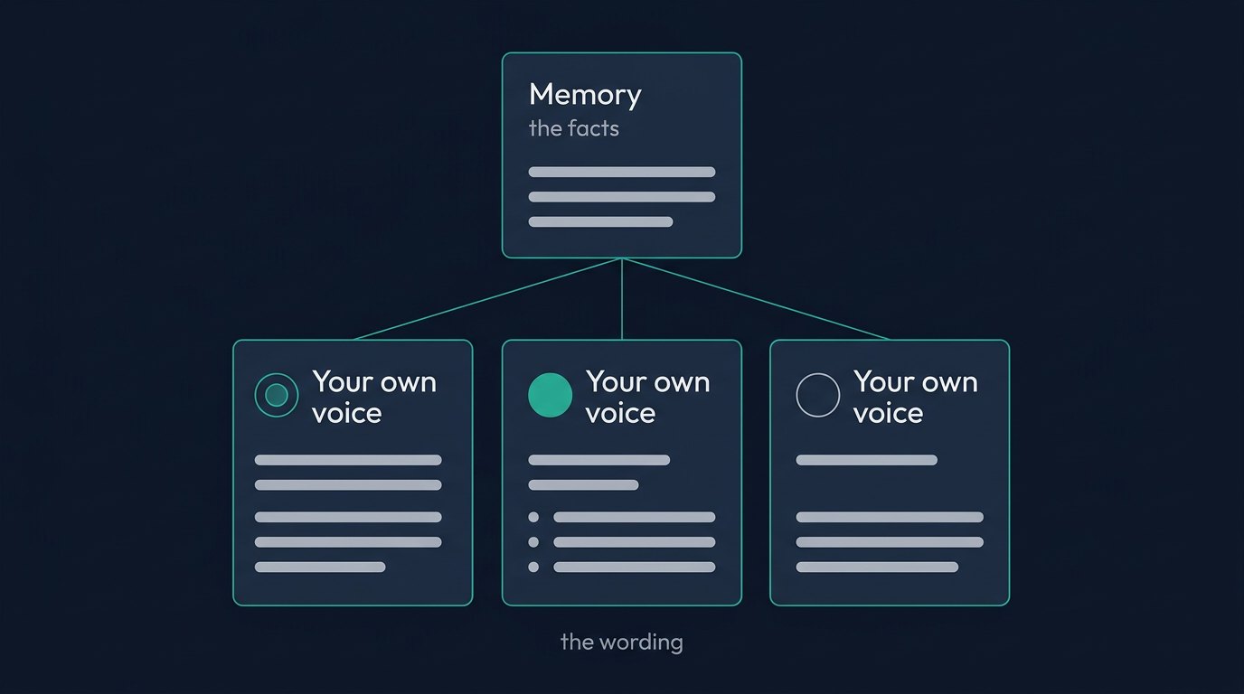 One Memory card holding the facts, with three lines down to three post drafts, each written in a different person's own voice.