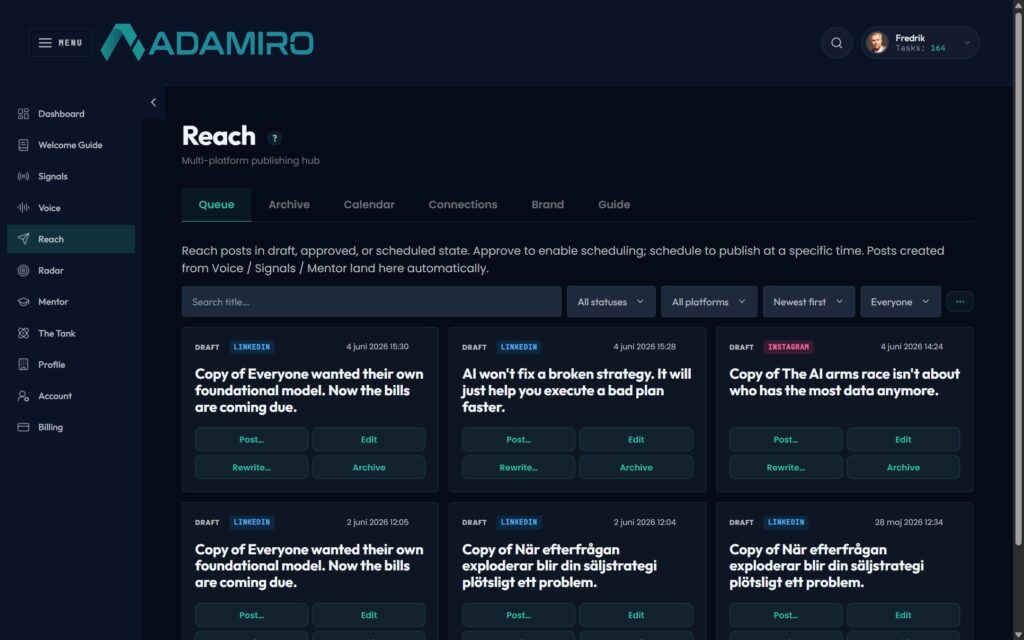 Adamiro Reach dashboard screenshot